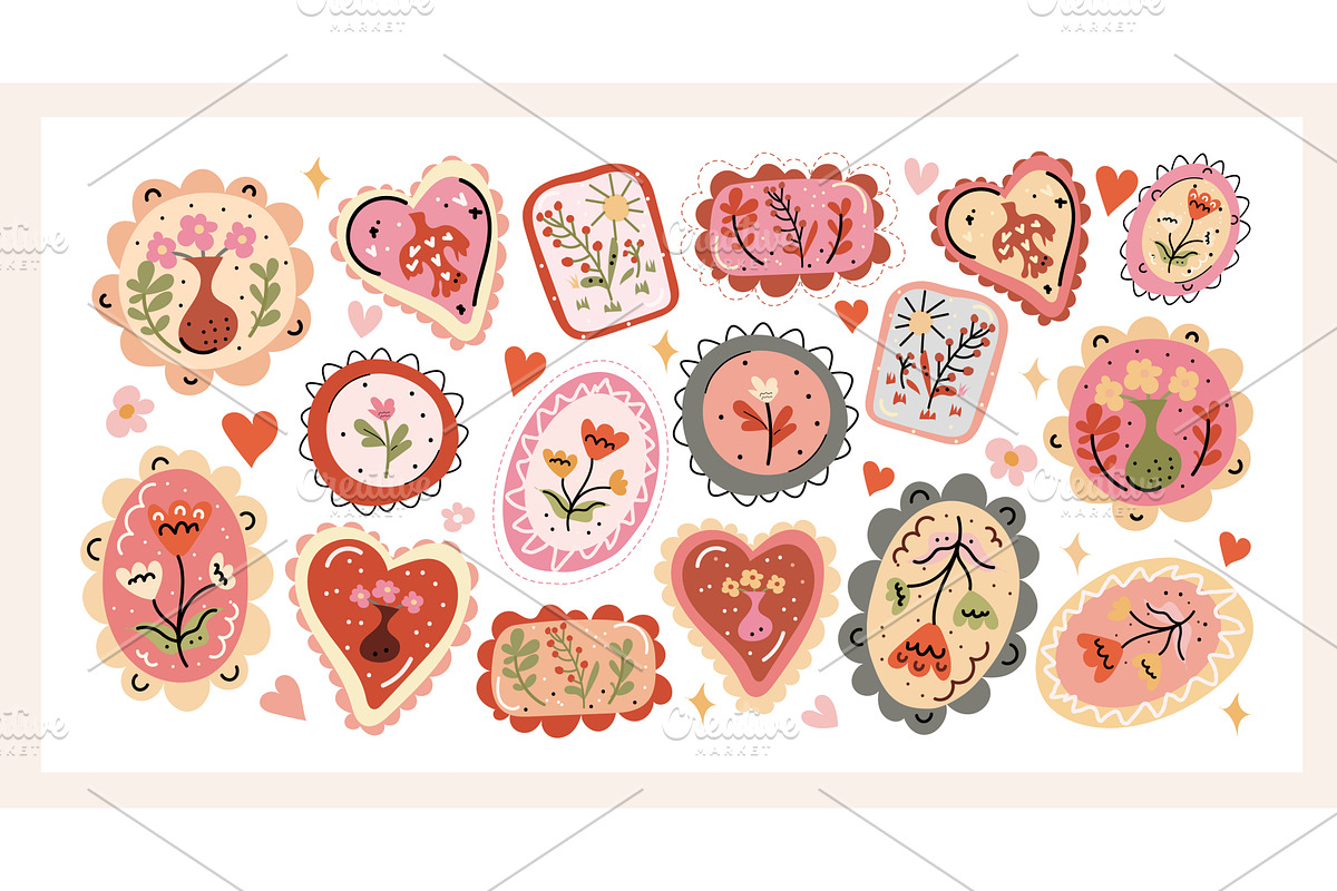 Folk Floral Stickers Set a cozy hand, an Object Illustration by Lucia Fox