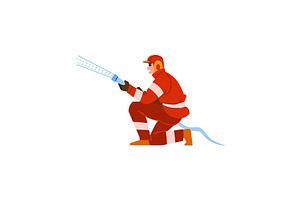 Firefighter kneeling and spraying, an Illustration by pikepicture