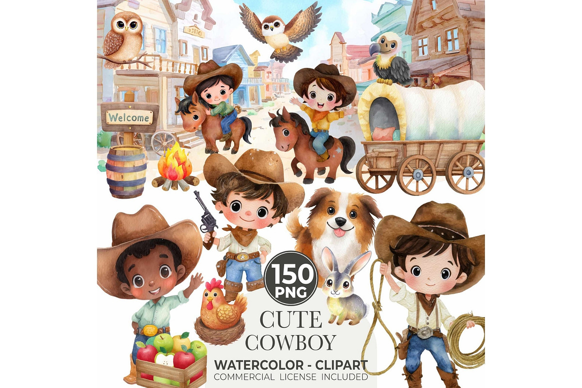 Watercolor Cowboy Clipart Bundle, an Illustration by CharmClipart (Photo 1 of 10)