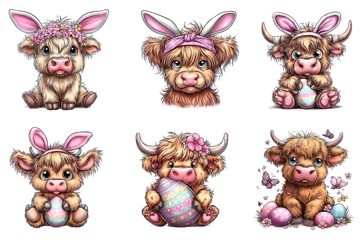 Easter Highland Cow Clipart, an Illustration by Dream Creation (Photo 3 of 6)