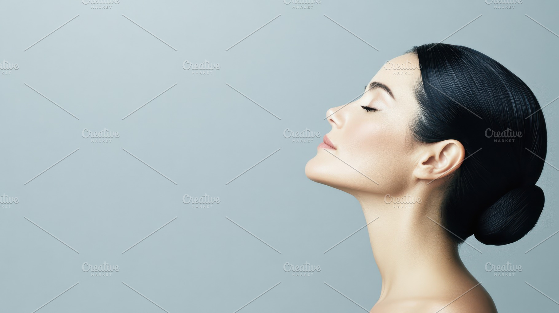 A stylish woman with sleek dark hair in a formal bun, glowing skin, and dramati, a Person Photo by Mashimara