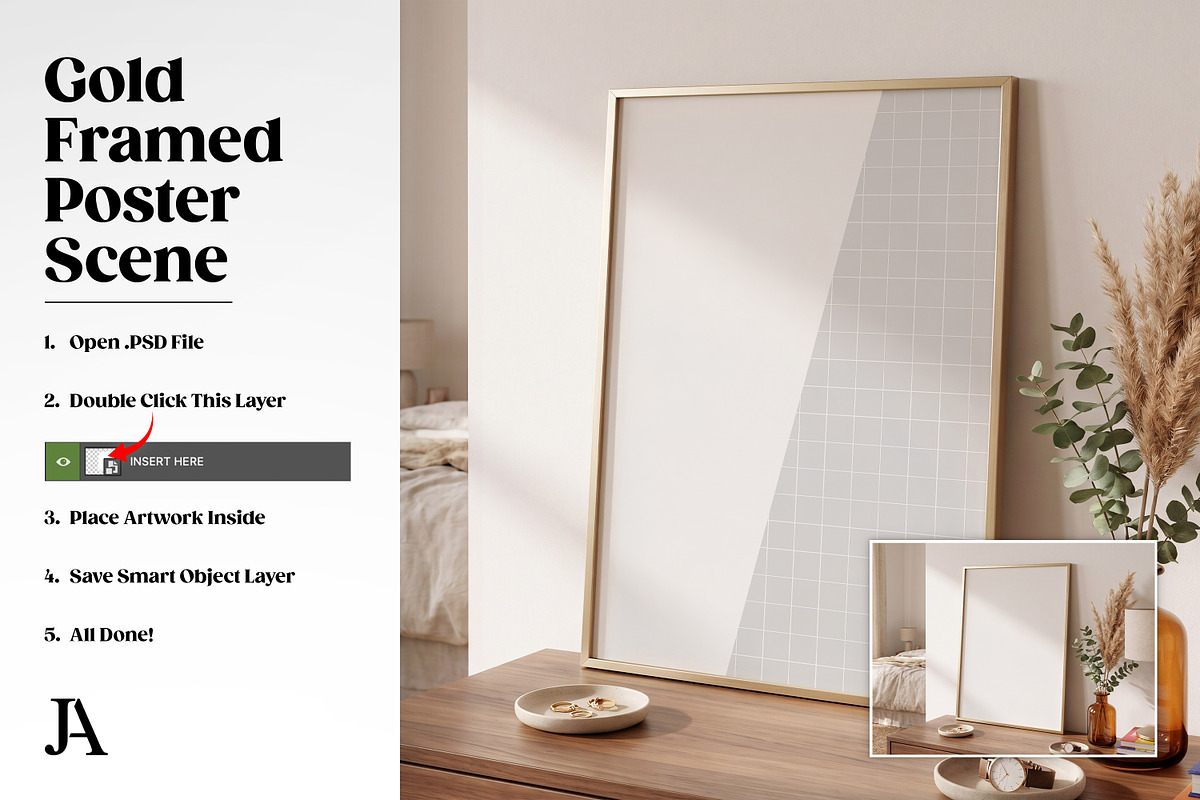 Gold Framed Poster 2x3 PSD Mockup, a Household Mockup by Julian Adams (Photo 3 of 3)