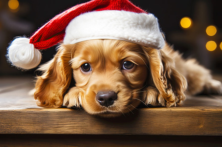 Cocker Spaniel puppy with a santa cl, an Animal Photo by Perpis