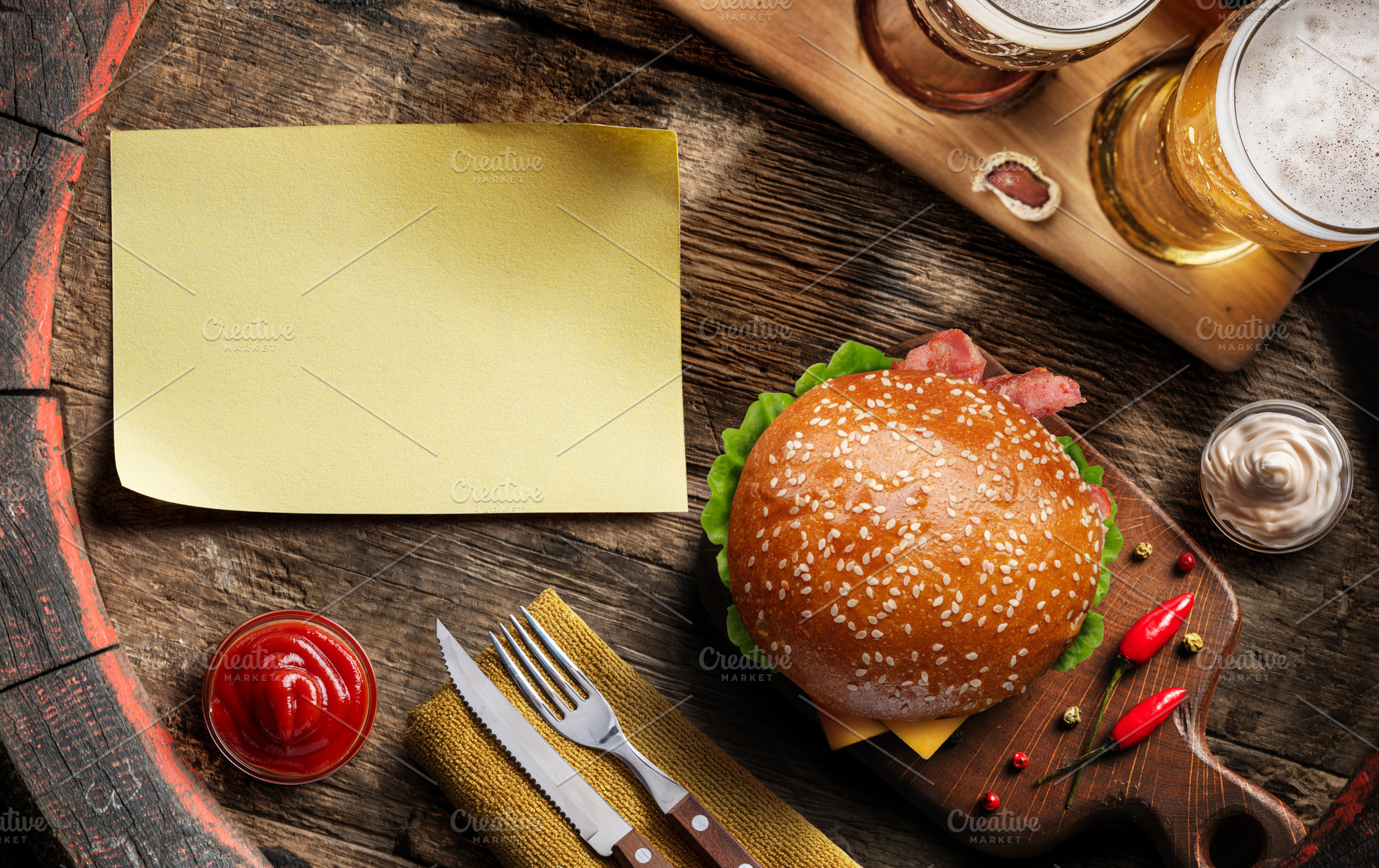 Glasses of beer, hamburger, a Food & Drink Photo by Volff