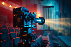 Vintage movie camera filming on a, a Background Photo by Ylivdesign