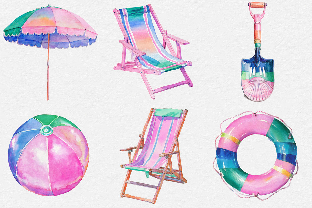 Watercolor Beach Clipart, an Illustration by DreamCafeArt (Photo 3 of 7)