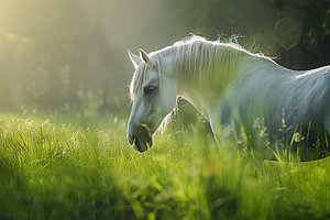 Beautiful white horse on green field, an Animal Photo by AlyaAnd