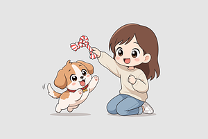Girl Playing with Her Puppy Cartoon, a Person Illustration by Artpon Illustration