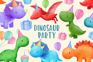 Dinosaur Party Watercolor Clipart