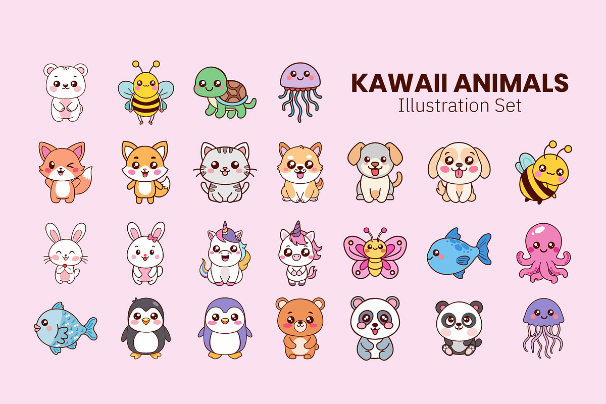 Kawaii Animals Cute Vector Set, a Templates & Theme by studiogstock (Photo 1 of 4)