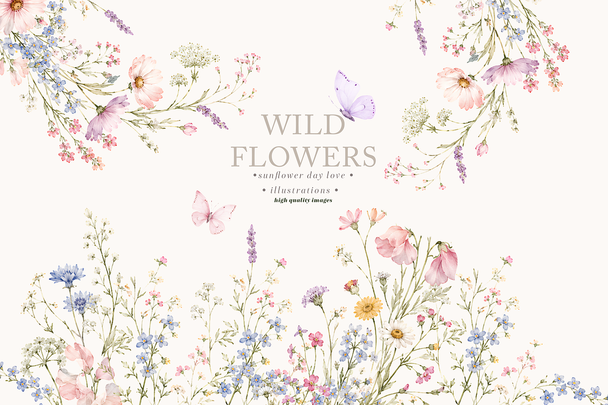 Pink Wildflowers Butterflies Clipart, a Seasonal Illustration by Sunflower Day Love (Photo 2 of 4)