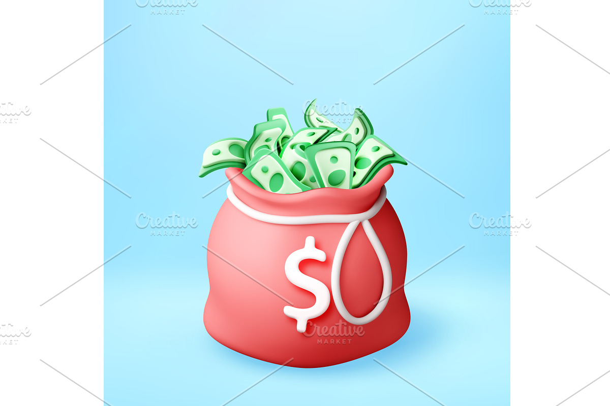 3D Red money bag filled with cash, a Finance Illustration by Abscent