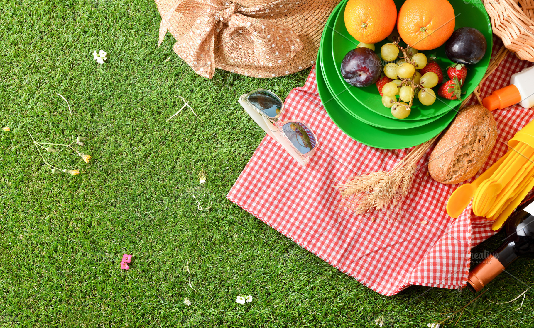 Summer Picnic Setup on Green Grass top view, a Holiday Photo by Davizro's Market