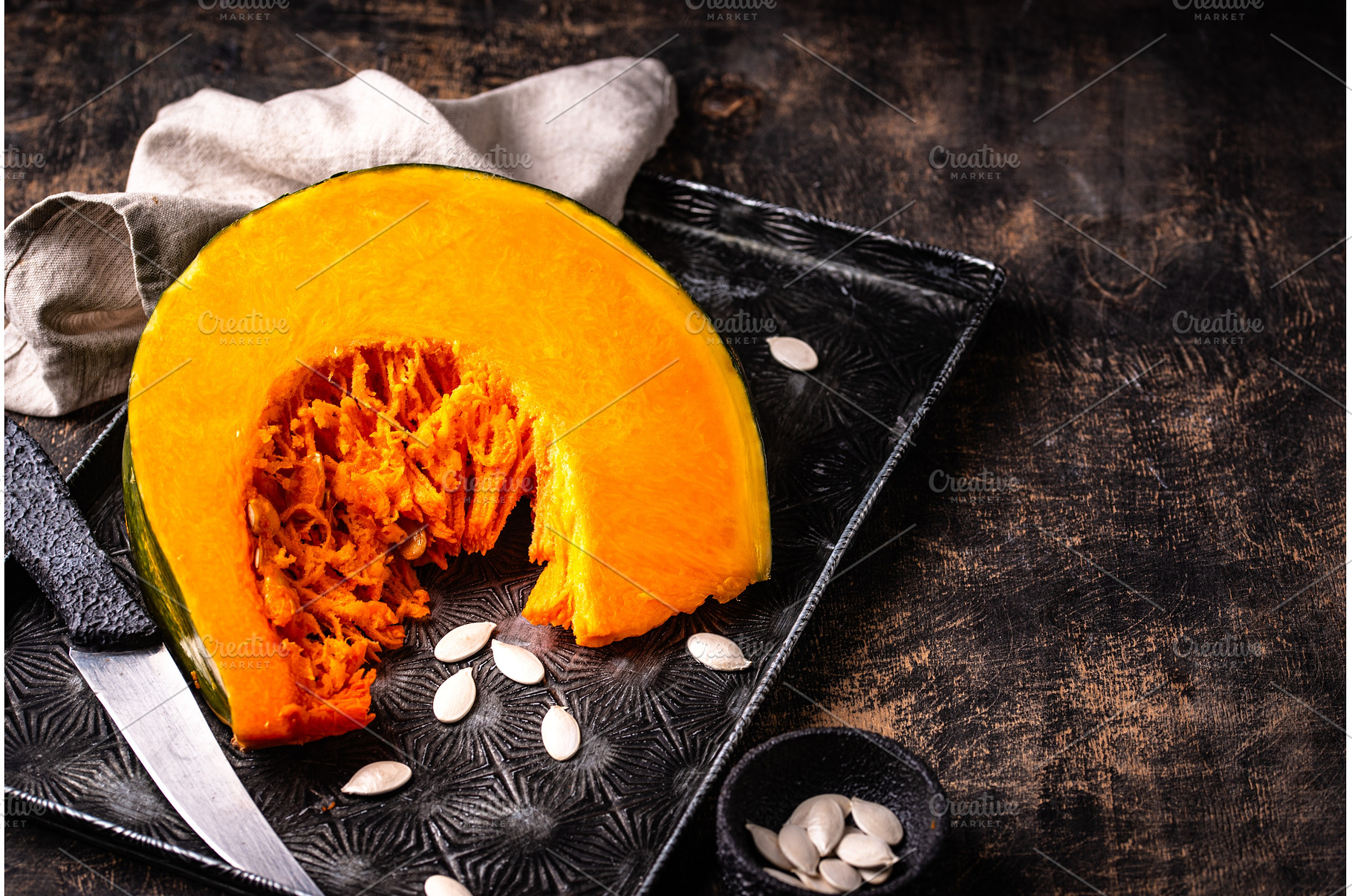 Raw sliced pumpkin with seed, a Food & Drink Photo by Yulia Furman