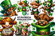 St Patricks day Highland Cow Clipart, an Animal Illustration by ThatsDesignArt (Thumbnail 1 of 10)
