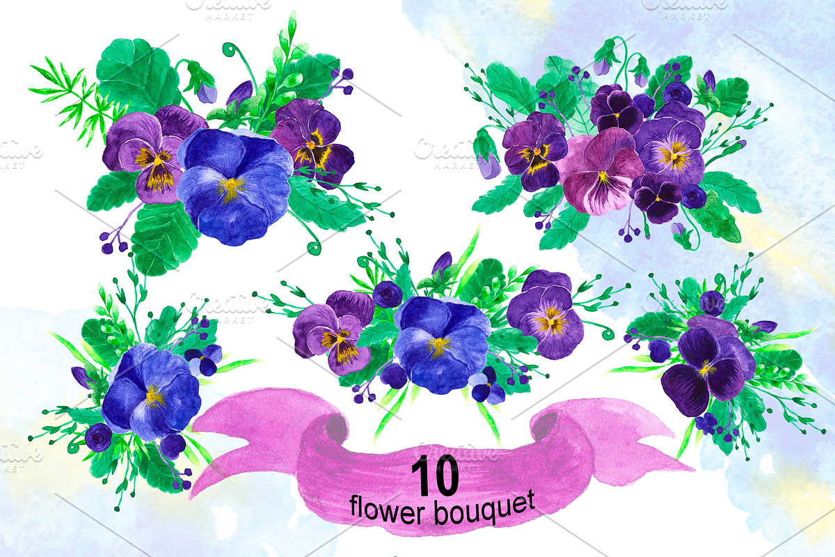 Watercolor purple Pansy flowers., an Illustration by Olgaart (Photo 6 of 7)