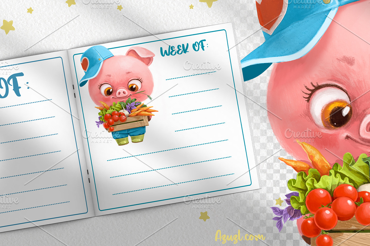 Piglet farmer with box of vegetables, an Animal Illustration by Azuzlikus (Photo 2 of 3)