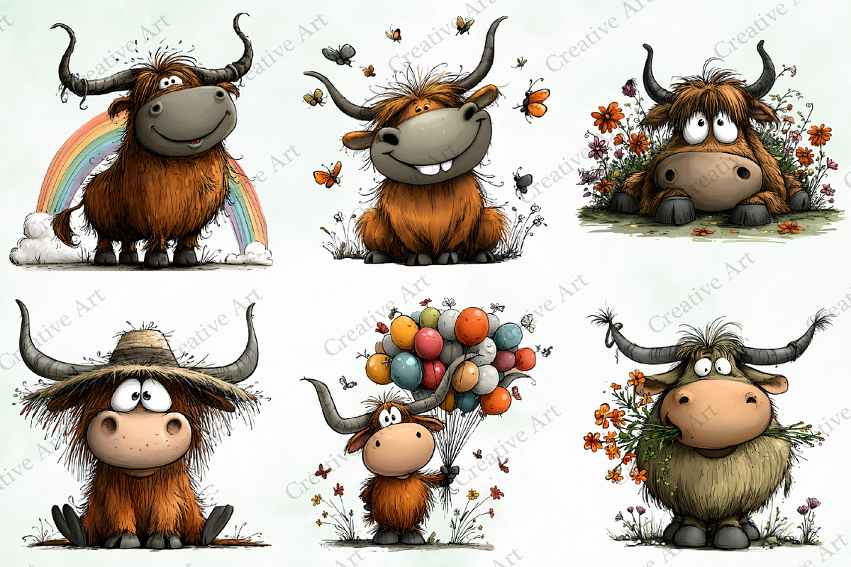 Whimsical Highland Cow Clipart, an Illustration by Creative Art (Photo 4 of 10)