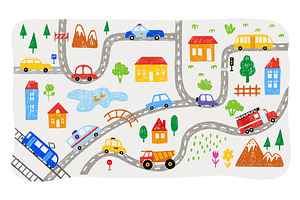 Children map with cars. Hand drawn, a Transportation Illustration by Valerie Bodnar
