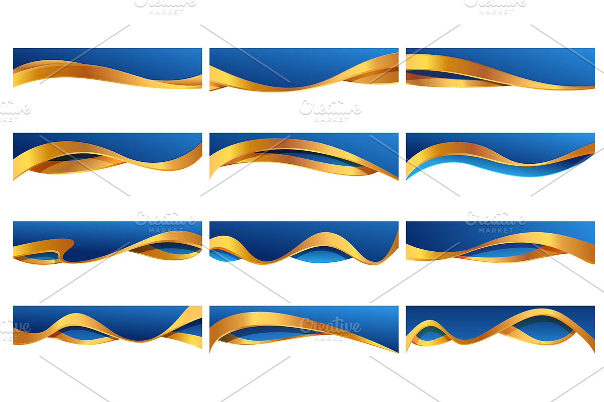 Wave headers set. Blue gold waving, an Illustration by Valerie Bodnar