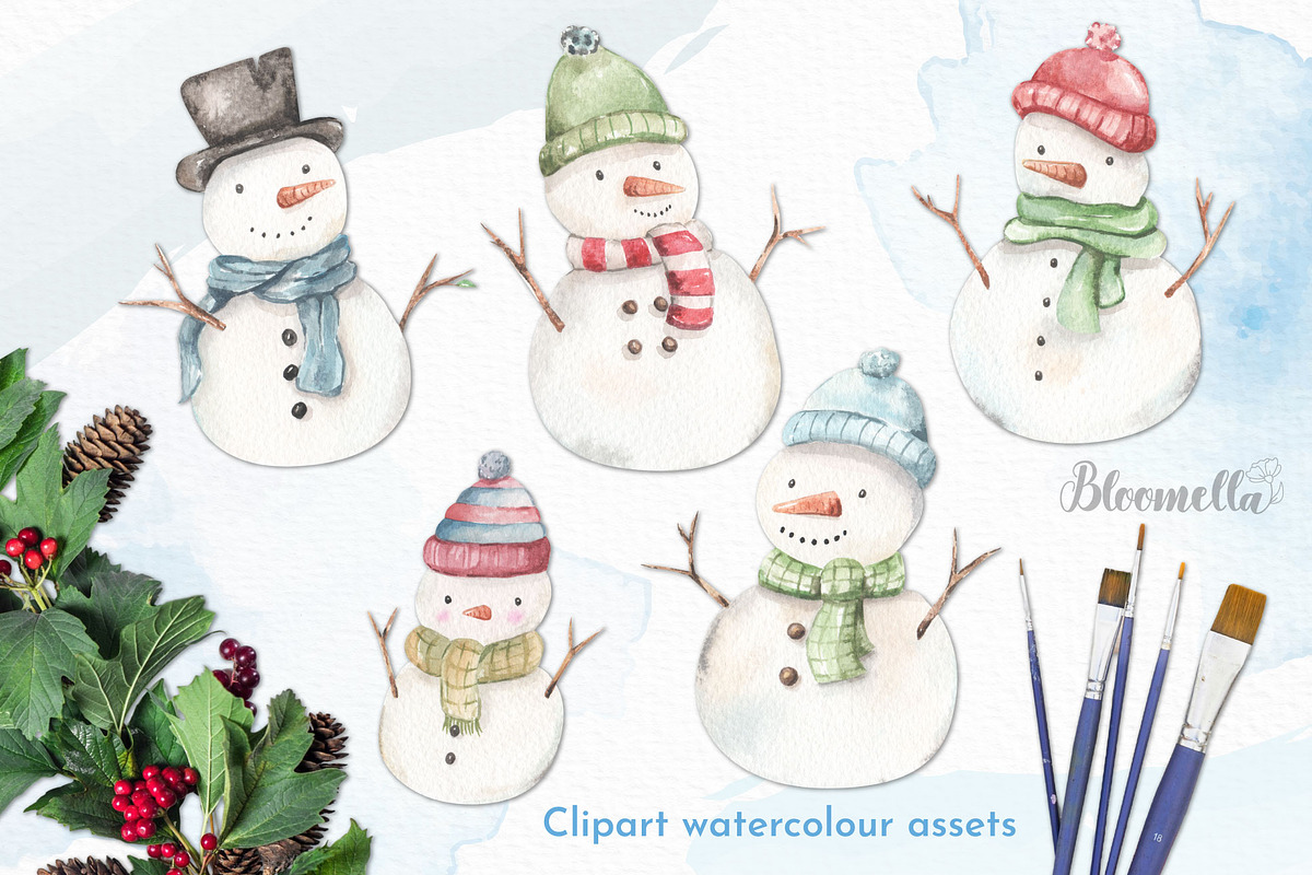 Watercolour Snowman Clipart Family, an Object Graphic by Bloomella (Photo 2 of 6)