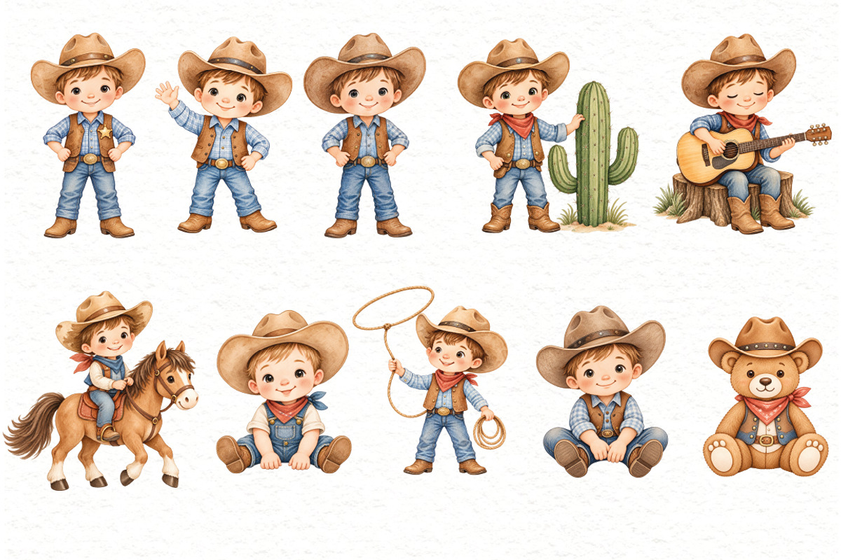 Little Cowboy Clipart Bundle, a Person Illustration by Villa 11 Estudio (Photo 2 of 8)