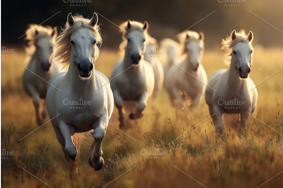 A group of white horses running, an Animal Illustration by Sergey Kotenev
