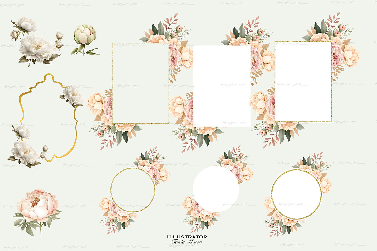 Peony Frames, Floral frame clipart, an Object Illustration by MajorArtTm (Photo 3 of 6)