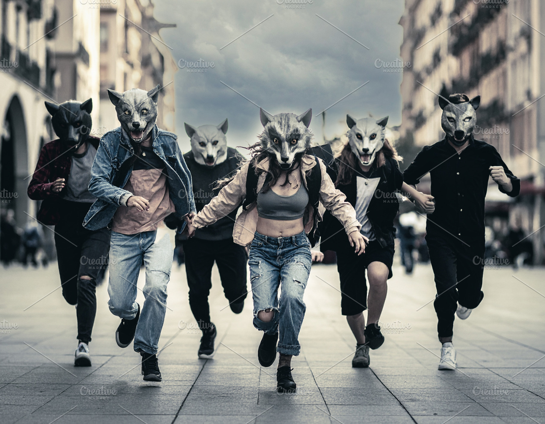 Group of therians young people in an urban square running toward, an Arts & Entertainment Photo by DanFLCreativo