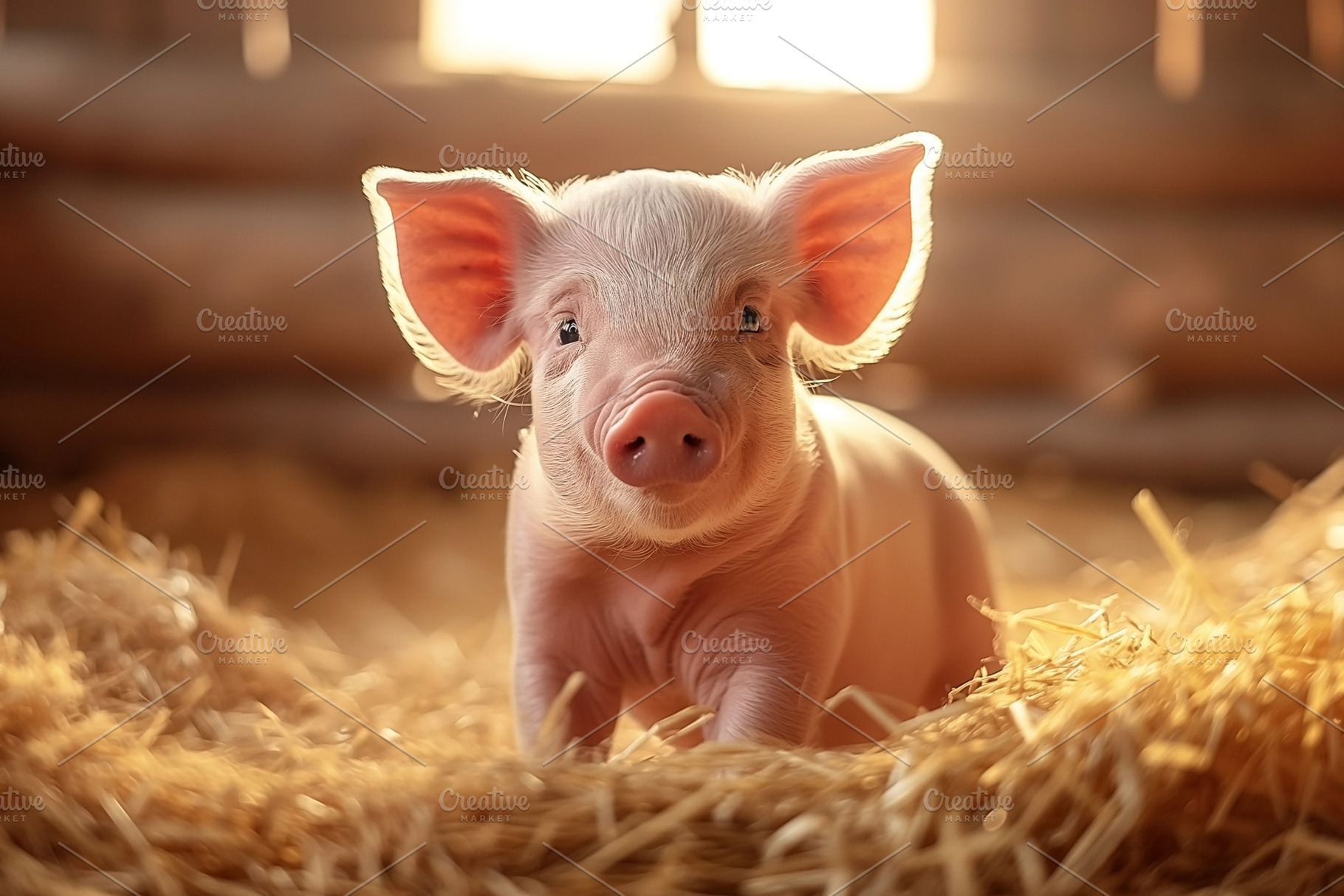 Cute pink piglet with big ears sitting on straw in a warm barn setting., an Animal Photo by ImageMir