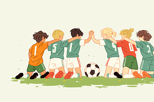 Youth soccer team uniting on the field with a football and camaraderie, an Illustration by AS photostudio