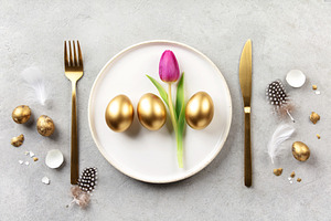Elegant Easter Table Setting with Golden Eggs and Tulip, a Holiday Photo by Natalia Klenova's Shop