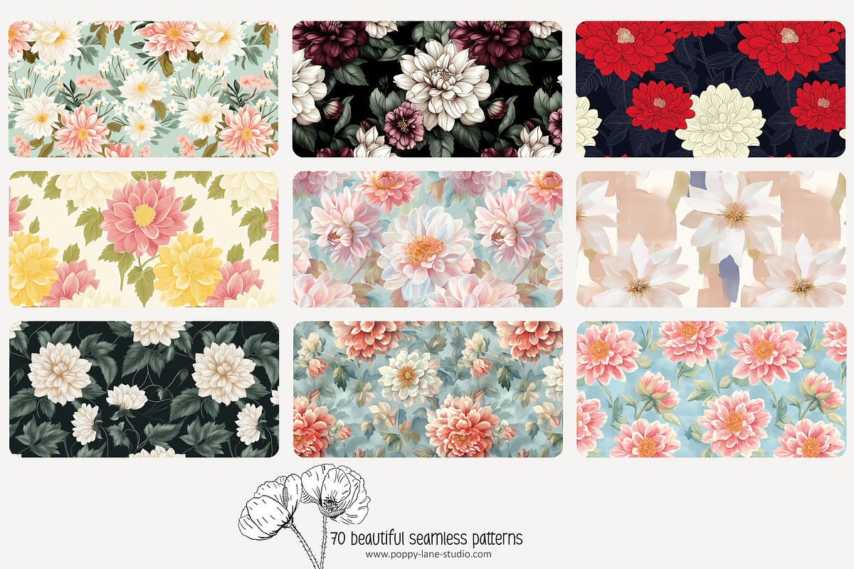 70 dahlia seamless pattern, a Pattern Graphic by Poppy Lane Studio