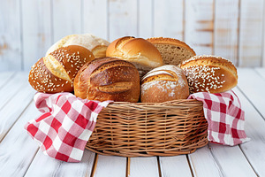 Freshly different baked bread in basket on wooden table, a Food & Drink Photo by AlyaAnd