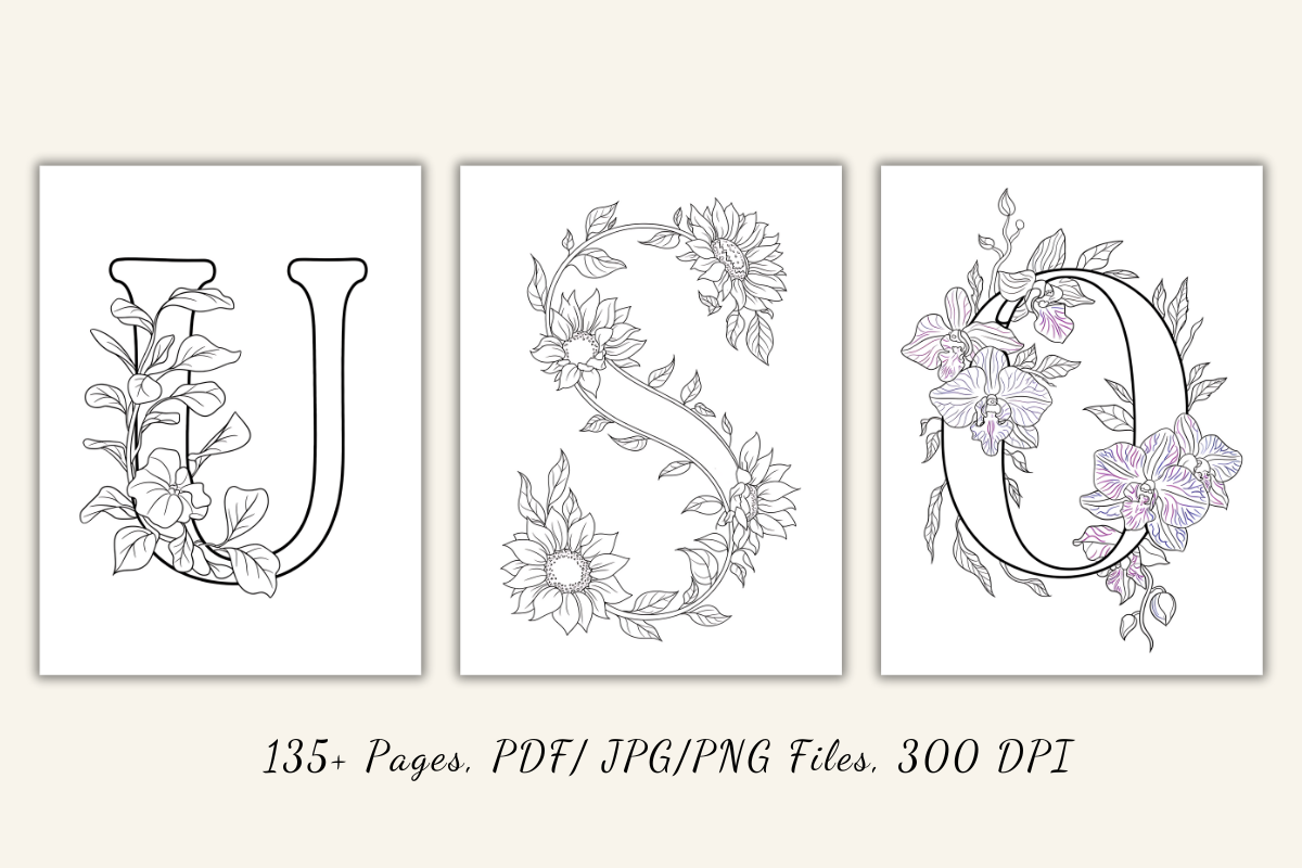 Floral Alphabet Coloring Pages, a Decorative Illustration by Daffodil Dream Studio (Photo 4 of 4)