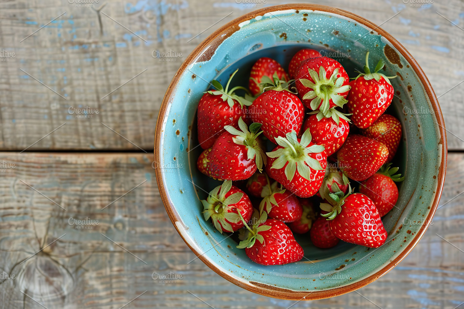 Flat lay of red strawberries in bowl on wooden table, a Food & Drink Photo by AlyaAnd
