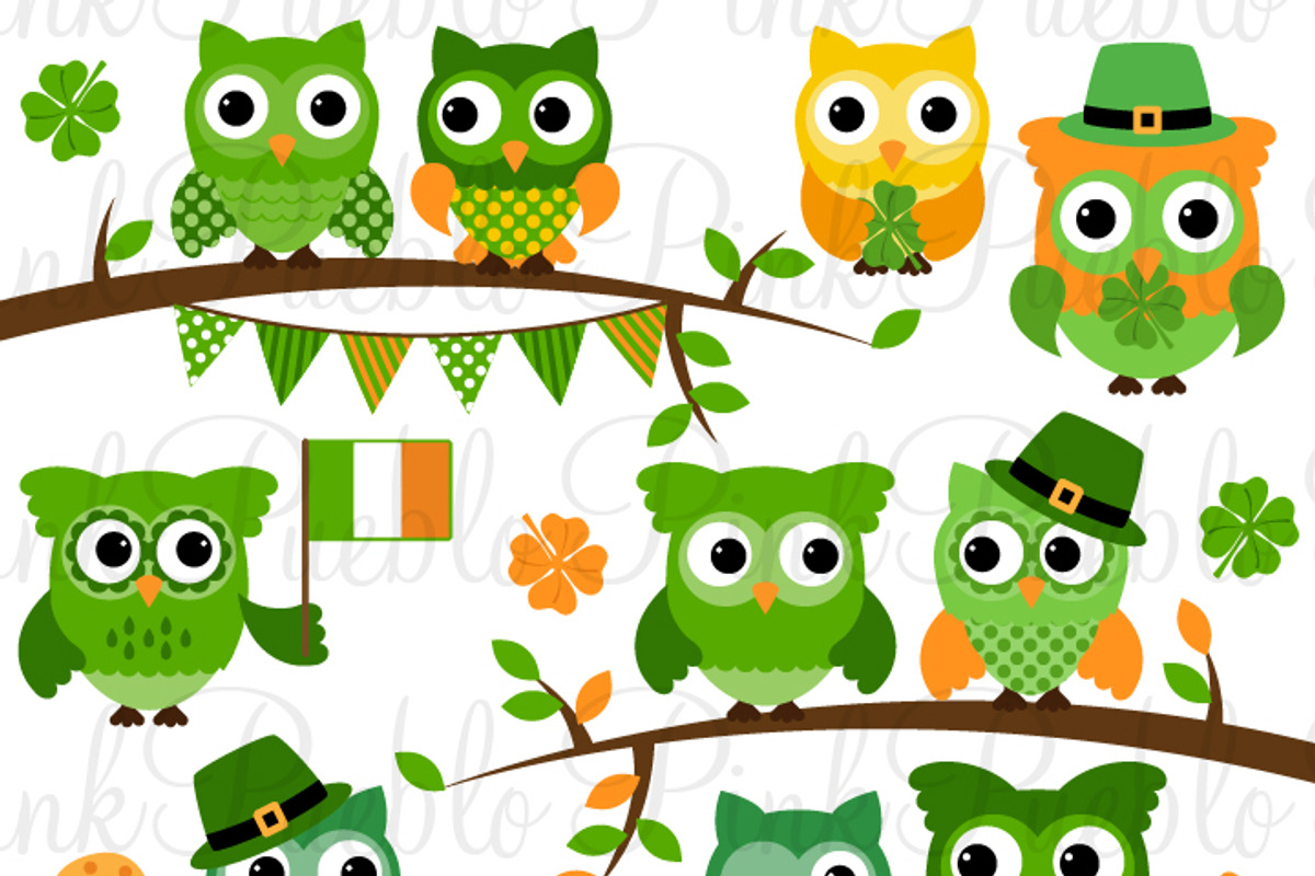 St. Patricks Day Owl Clipart Vectors, an Animal Illustration by PinkPueblo