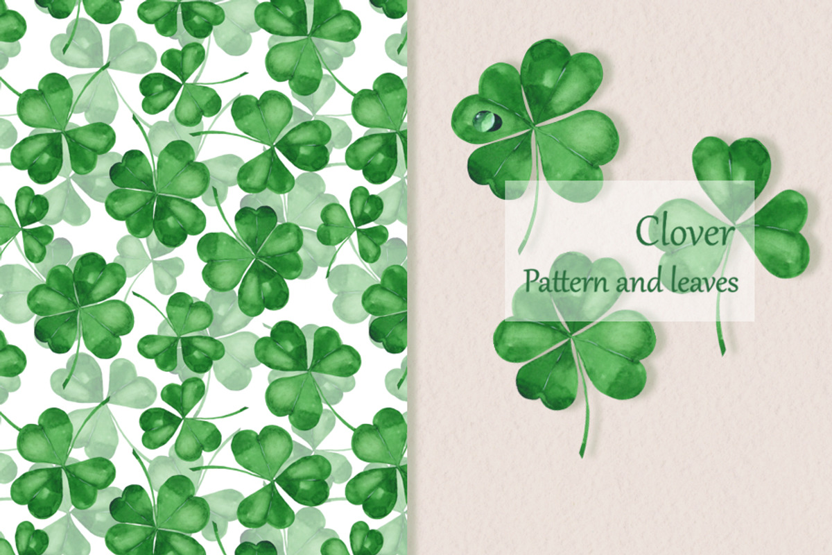 Watercolor Clover Pattern & Clipart, a Seasonal Illustration by Gribanessa (Photo 1 of 4)