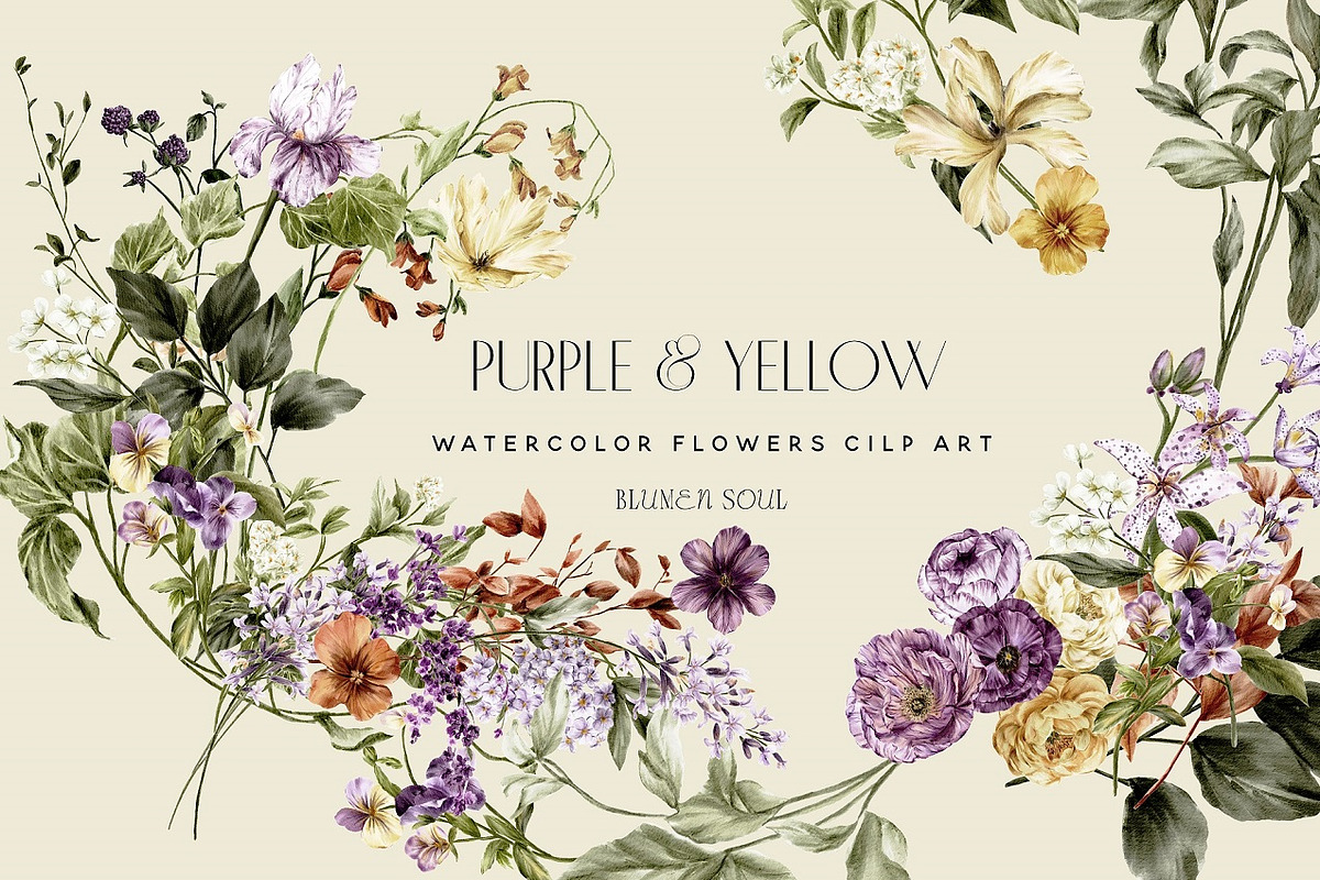 Purple and Yellow Watercolor Flowers, a Decorative Illustration by BlumenSoul (Photo 1 of 9)