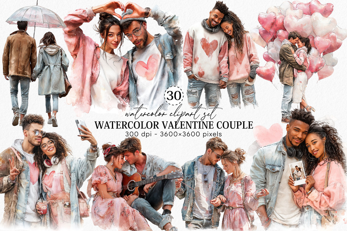 Watercolor Valentine Couple Clipart, an Illustration by Canvas Craft (Photo 1 of 6)