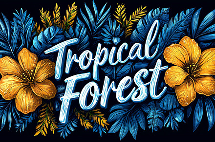 Hand drawn tropical forest lettering with vibrant flowers and leaves, a Photo by AS photostudio