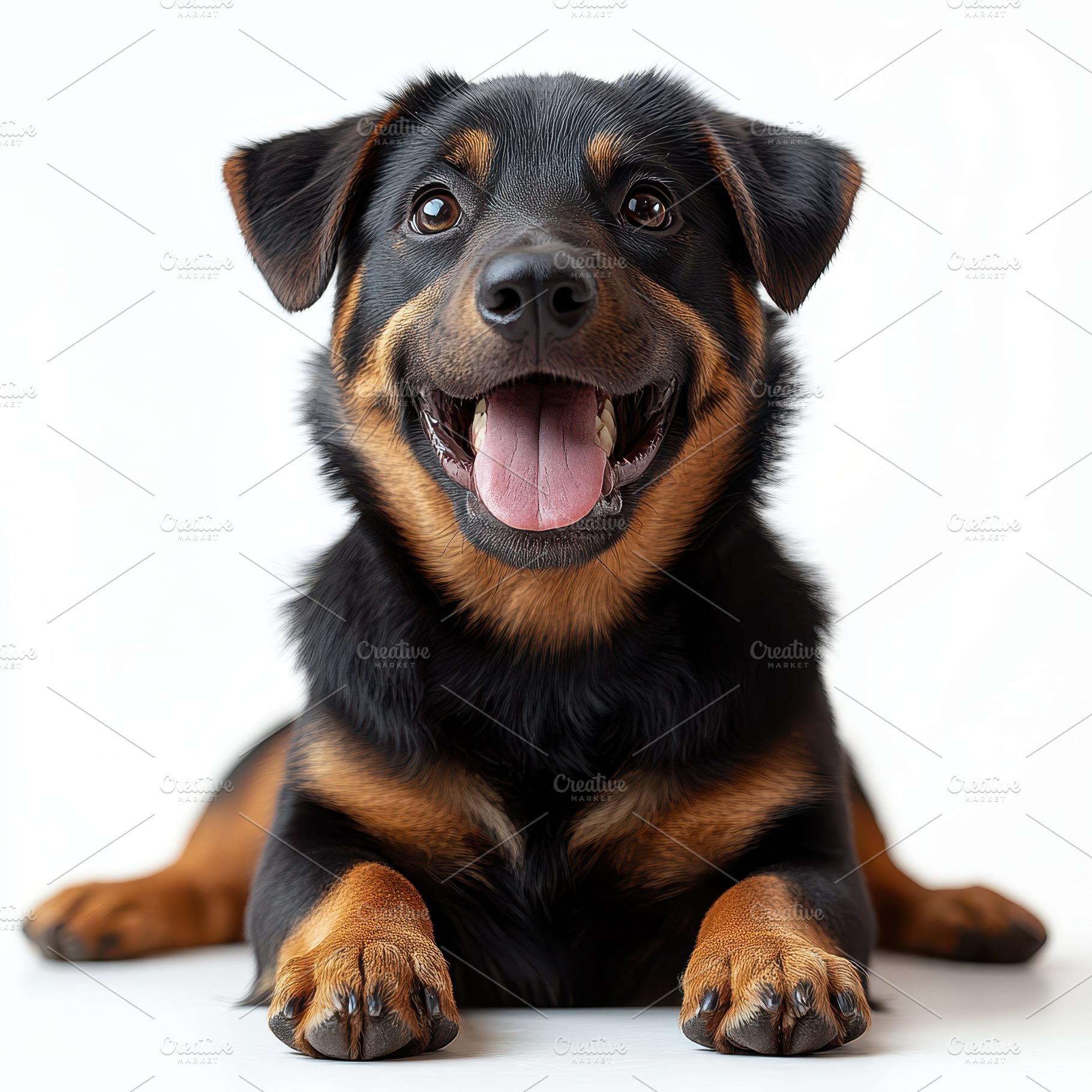 Happy puppy lying down black and tan, an Animal Photo by Pixeness Studio