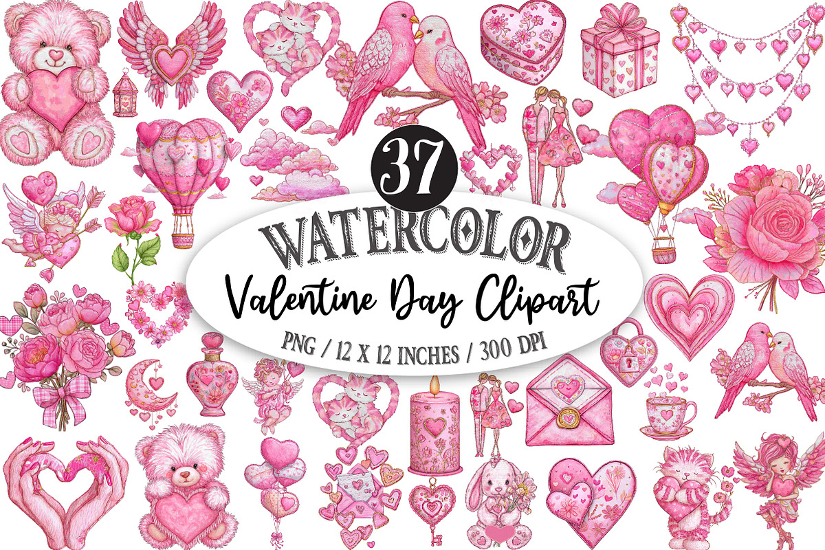Watercolor Valentine Day Clipart, an Illustration by Designking (Photo 1 of 5)