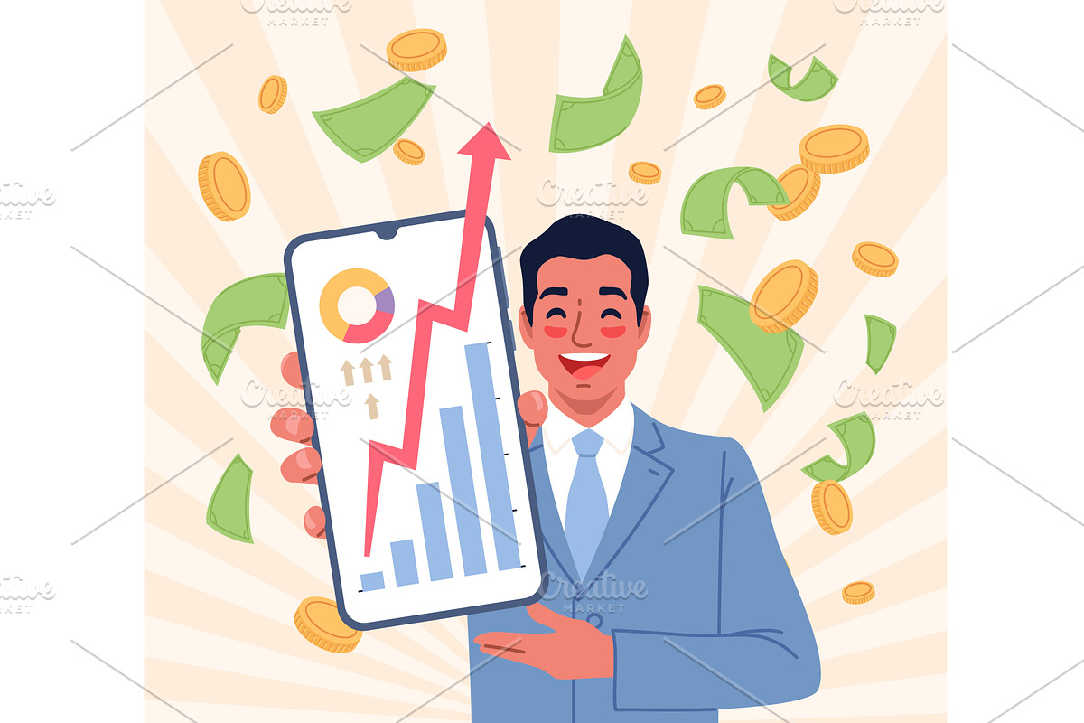 Businessman shows phone. Happy man, an Object Illustration by YummyBuum