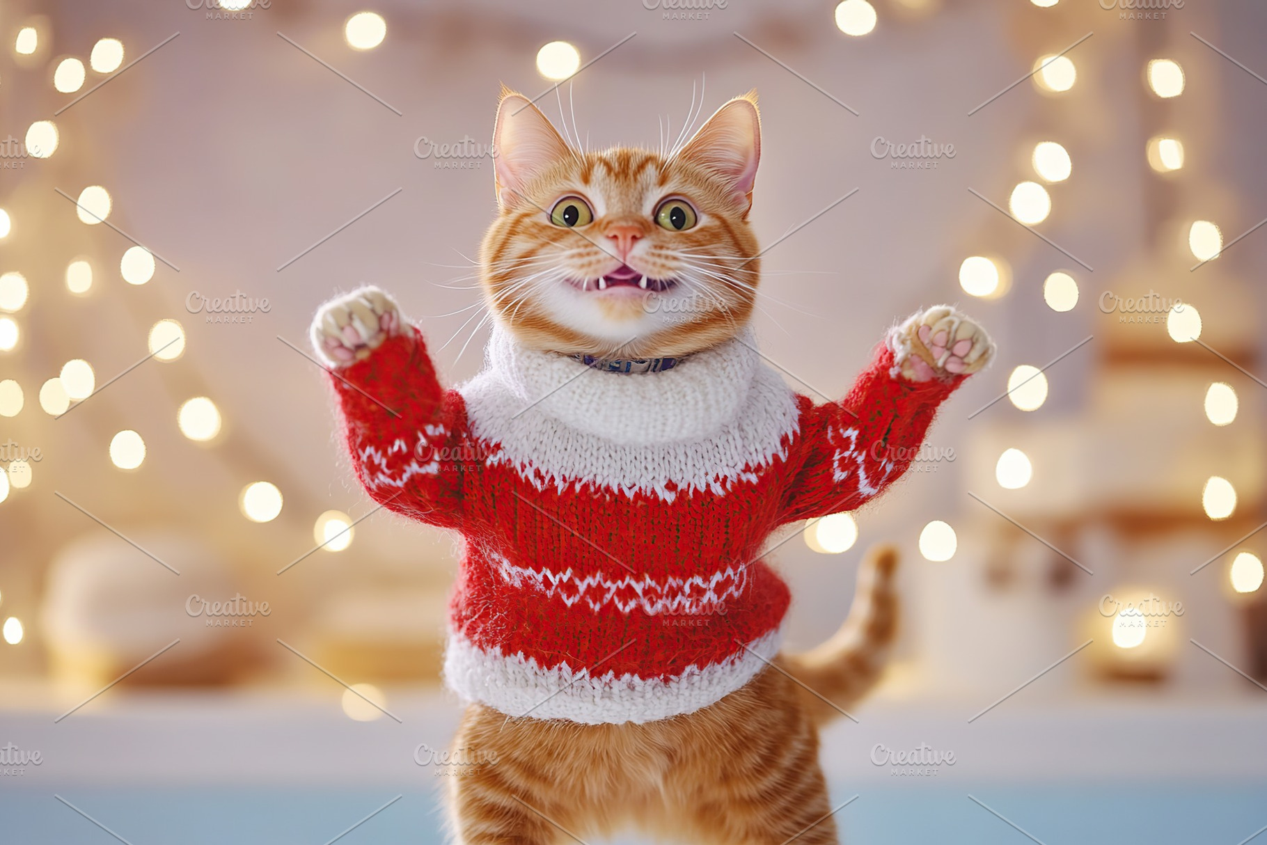 Ginger cat twirls on ice skates in a festive sweater during winter wonderland f, an Animal Photo by AlyaAnd