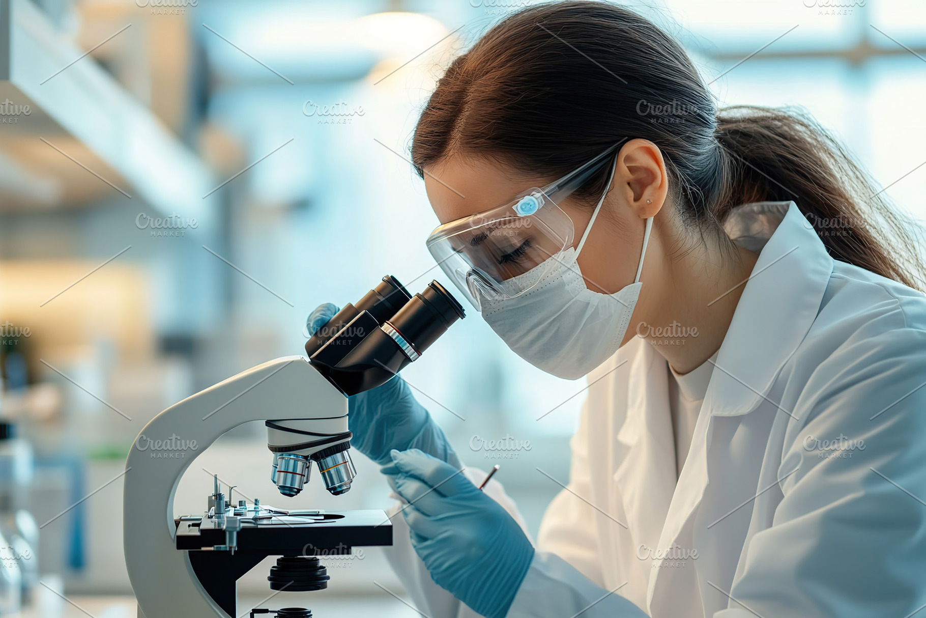 Female scientist with face mask looking on a petri dish under a, a Health & Medical Photo by AlyaAnd