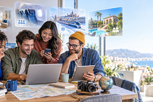 Friends planning holiday travel book