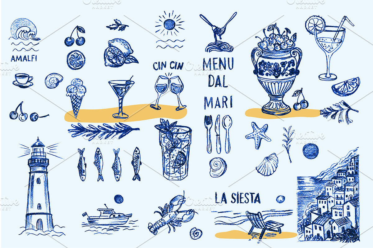 Vintage Italian cuisine icons with, an Illustration by Zimages