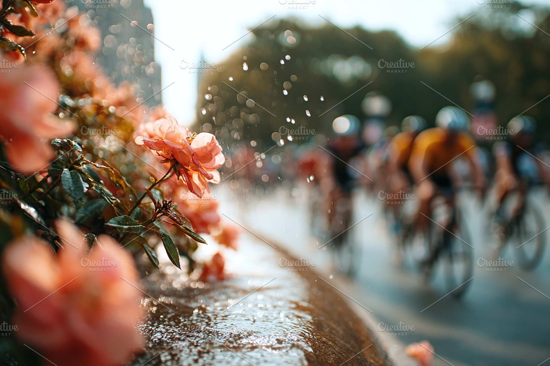 Bicyclists riding through a city park with flowers and water splashes on a sunn, a Photo by AlyaAnd