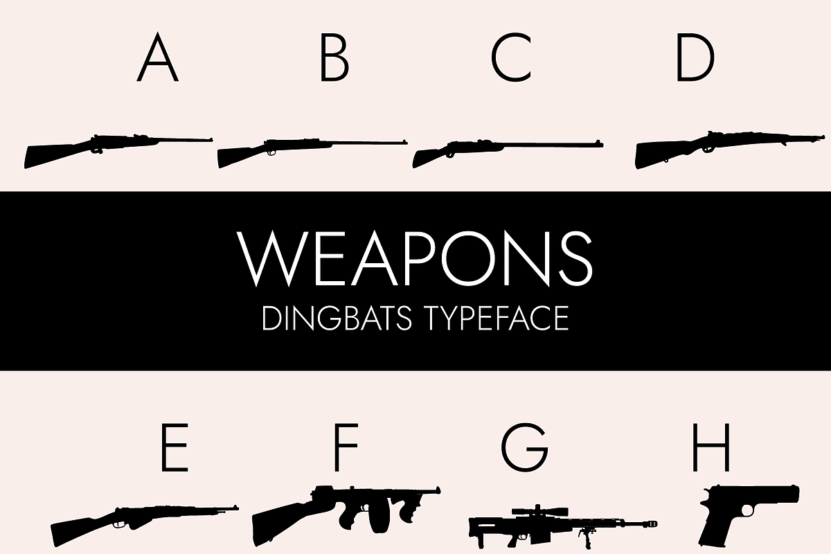 Weapons Silhouettes Dingbats Font, a Symbol Font by Minimalartstudio (Photo 1 of 11)